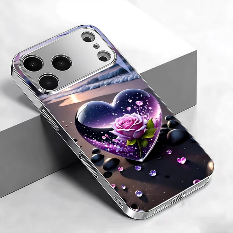 Phone Cases Purple - เคสโทรศัพท์สีเงินชุบไฟฟ้าลายดอกกุหลาบสีม่วงรูปหัวใจ สำหรับ iPhone 12 17 16