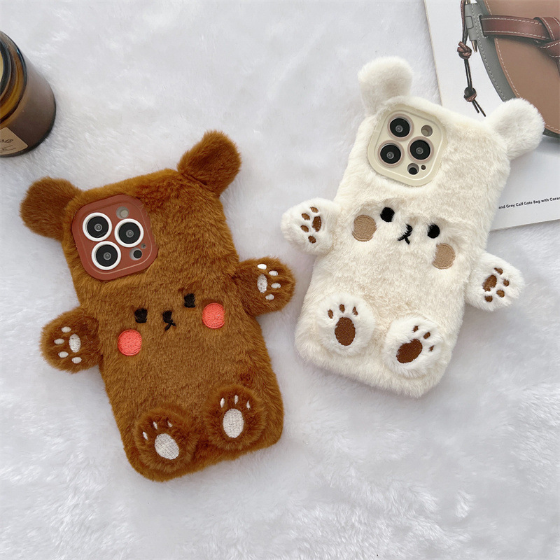 Phone Cases Korean - เคสโทรศัพท์คู่รักลายหมีการ์ตูน 3 มิติ สไตล์เกาหลี ขนปุย สำหรับ