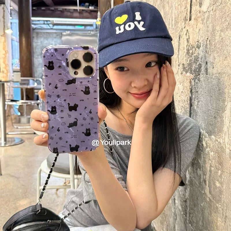 Phone Cases Purple - เคสโทรศัพท์ลายแมวน่ารัก ดอกไม้สีม่วง แบบเต็มจอ สำหรับ iPhone 17