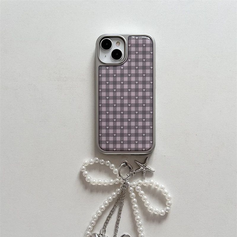 Phone Cases Purple - เคสโทรศัพท์ลายตารางสีชมพูม่วงรูปหัวใจสไตล์เกาหลีน่ารักสำหรับสาวๆ ใช้กับ Samsung S 23 24
