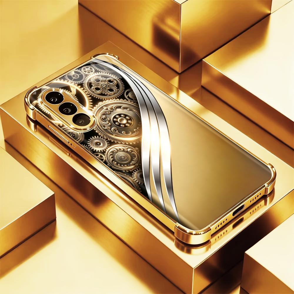 Phone Cases Quad Lock - เคสโทรศัพท์ลายเกียร์โบราณสีทองหรูหรา รุ่น s26 ultra case พร้อมกระจกแบบ