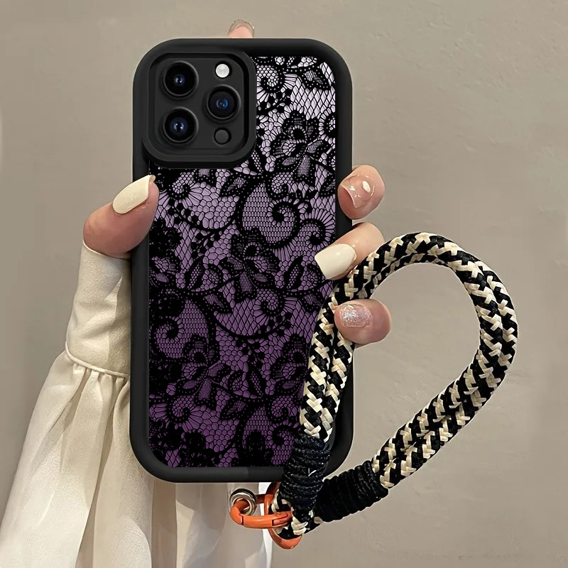 Phone Cases Purple - เคสโทรศัพท์แบบสายคล้องลูกไม้สีดำม่วงสำหรับ iPhone 16 17 Pro Max