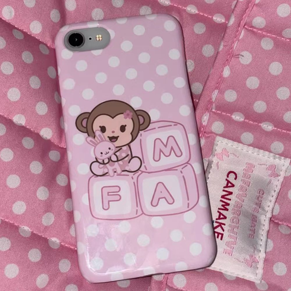 Phone Cases Korean - เคสโทรศัพท์ลายการ์ตูนเกาหลี ลิงน้อยน่ารัก สีชมพูหวาน ลายจุดสีขาว สำหรับ iPhone