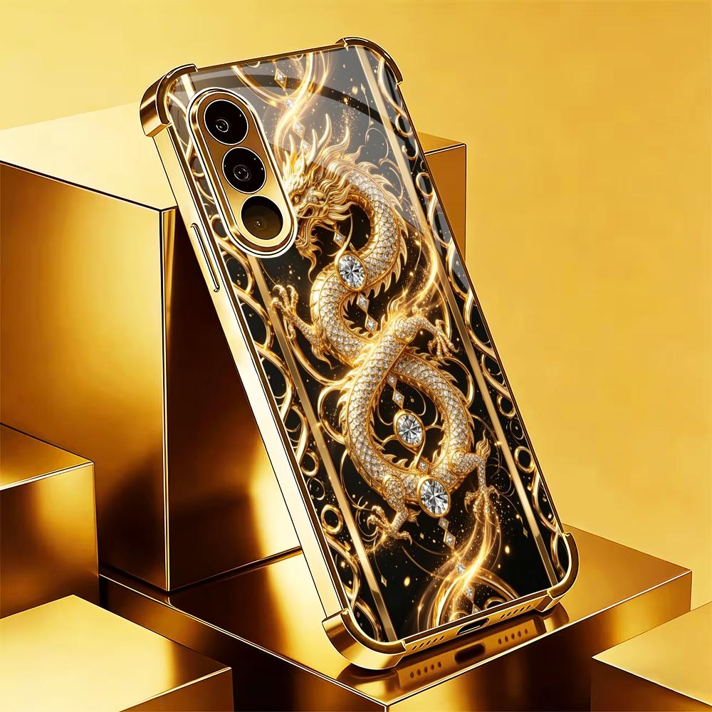 Phone Cases Quad Lock - เคสโทรศัพท์มือถือลายมังกรทองระดับไฮเอนด์ รุ่น S26 Ultra พร้อมกระจก Quad